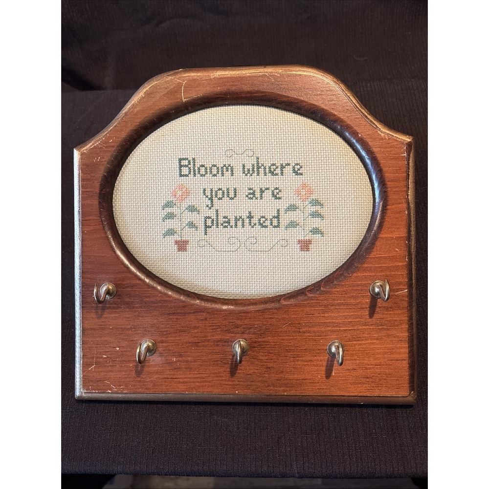Vintage Cross Stitch Key Holder Cottagecore Wood Frame Bloom Where Planted